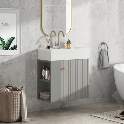 Image de MODFU Meuble Sous-Vasque Suspendu - Meuble Lavabo Avec Vasque Intégrée Pour Petite Salle De Bain - Design Moderne - Gris - 55x31x66,5 Cm