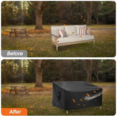 Imagen del producto de Funda protectora para bancos de jardín Unyqoos®, impermeable y resistente al viento, para 2-3 plazas, fabricada en tejido Oxford impermeable, con 4 hebillas y cordón ajustable, dimensiones: 158 x 99 x 89 cm