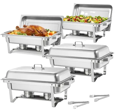 Immagine prodotto di Set di scaldavivande rettangolari VEVOR 8,5 L (4 pezzi) Scaldavivande per buffet con manico e 2 pinze per alimenti e coperchio e supporto per carburante, adatto per banchetti, feste e matrimoni argento
