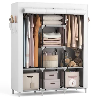 Produktbild von Stoffschrank mit 2 Kleiderstangen - Faltbarer Schrank - Tragbarer Schrank - 8 Regale - 124 x 42 x 162 cm - Weiß