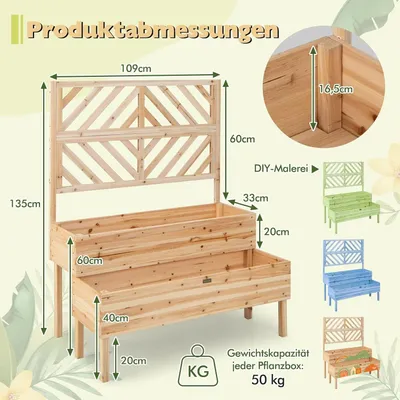 Productafbeelding van Bloembak met latwerk van dennenhout, tuinspalier met 2 rankkasten, plantenbak voor klimplanten, verhoogd bloembed met rankrooster en drainagegat (natu
