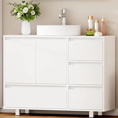 Produktbild von Waschbeckenunterschrank, Badezimmerschrank mit 4 Schubladen 2 Schranktüren,Viel Stauraum, Unterschrank Waschbecken mit Füßen, Moderner, 30 x 90 x 64.5 cm, Weiß SSC002W