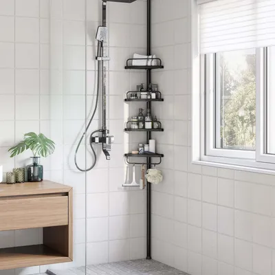 Productafbeelding van Badkamerorganisator - Staal en kunststof - Lichtgewicht - Verstelbare hoogte - 35 cm x 25 cm x (85-305) cm