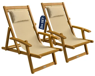 Produktbild von CASARIA® Sonnenliege 2er Set Holz Wetterfest Klappbar Verstellbar bis 160kg Gartenliege Outdoor Liegestuhl mit Nackenkissen & Armlehnen für Garten Balkon Camping Akazie