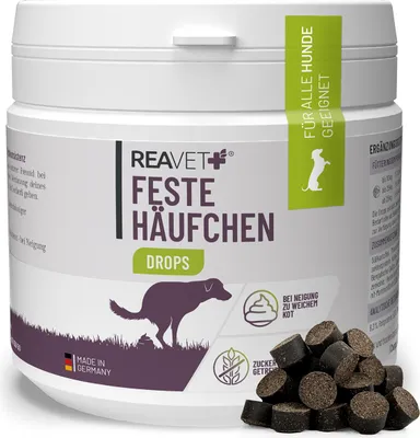 Produktbild von REAVET Feste Häufchen Drops – Hundesnack bei Neigung zu weichem KOT – Leckerli mit Aktivkohle & Flohsamenschalen zur Unterstützung der Verdauung & normalen Kotkonsistenz I 350g (180 Stück)