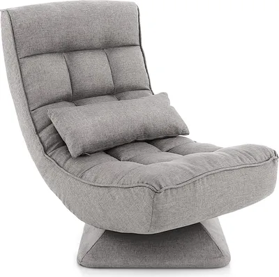 A gray floor chair with a small pillow is shown against a white background.