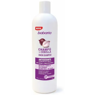 A white bottle of Babaria Onion Shampoo is shown against a white background.