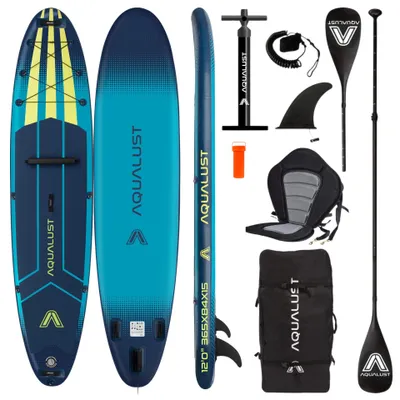Obrázek produktu pro AQUALUST 12.0 iSUP Board Stand Up Paddle Surfboard nafukovací kompletní sada 365cm - Obsah: sada prken+kajakové pádlo+sedačka