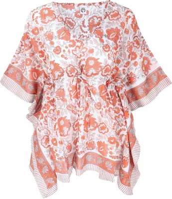 Produktbild von Hippie Poncho, Kaftan, Tunika, Poncho Bluse, Oversize Blockdruck Strandkleid - Orange, Damen, Baumwolle, Blusen & Tunikas