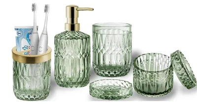 Image de Ensemble de salle de bain 5 pièces : distributeur de savon, gobelet à brosse à dents, en verre vert