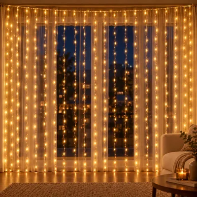 Produktbild von LED Lichtervorhang USB mit Fernbedienung – Lichterkette Vorhang warmweiß, mehrere Modi, Fensterdeko für Fenster, Wand & Weihnachten – 3 x 3 m