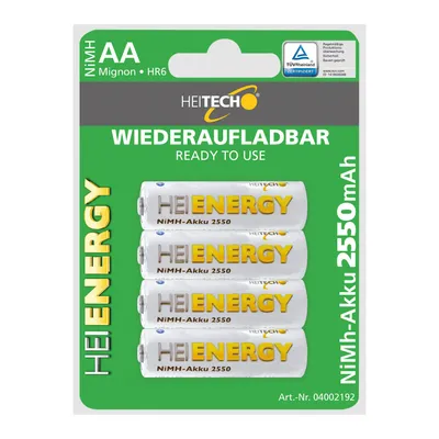 Obrázok produktu pre HEITECH AA Mignon 2550 mAh 1,2V NiMH nabíjacia batéria 4 kusy - Nabíjacie batérie s nízkym samovybíjaním
