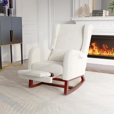 Image de Fauteuil à bascule avec pieds en bois et revêtement en velours