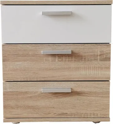 A front view of a three-drawer nightstand with a white top drawer and two wood-grain drawers below, each with a silver handle.
