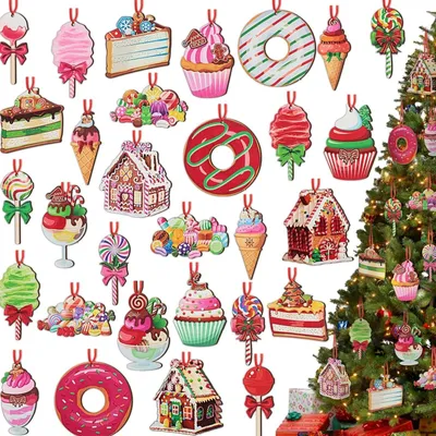 30 Holz-Weihnachtsbaumanhänger, bunt, 8 cm, mit Band