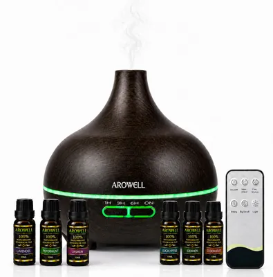 Productafbeelding van Arowell – Aroma Diffuser 500 ml met 6 × 10 ml 100% Natuurlijke Etherische Oliën – Afstandsbediening, Timer & 7 LED Kleuren – Luxe Geschenkset, AI-gegenereerde afbeelding