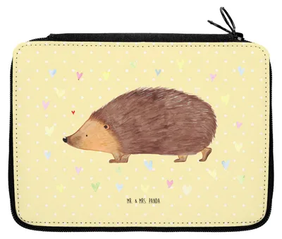 Produktbild von Mr. & Mrs. Panda Federmäppchen Igel Herzen - Gelb Pastell - Geschenk, Etui, Federtasche, Lustige Sprüche, Herz, Liebe, Mäppchen, für Stifte, Federmappe, Kuss, Leben