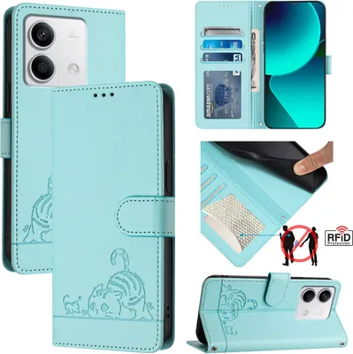 Produktbild von Leder Hülle für Xiaomi Redmi Note 13 5G Süße Katze Flip Case Brieftasche Schutzhülle mit Standfunktion hellgrün