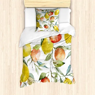 Produktbild von ABAKUHAUS Natur Bettbezug Set, Zitronen Und Orangen Clementine Baum Obst Lecker Winter Saison Vitamin Design, 135 x 200 cm + 80 x 80 cm, Mehrfarbig