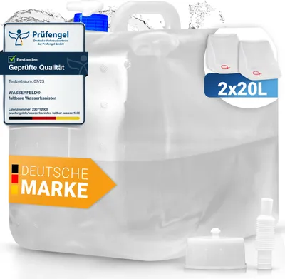Produktbild von WASSERFELD® | 20L Wasserkanister Faltbar | inkl. auslaufsicherem Dosierhahn, Auslaufschlauch und Verschlusskappe | lebensmittelecht | robuster Henkel