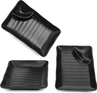 Produktbild von Japanische Dumplingbordset aus 3 mit Soßentopf, schwarze Melaminrechteckige Servierschalen 19 x 11,5 cm für Sushirollen, Snacks, Hausküche oder Feiern