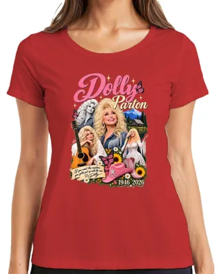 Obrázok produktu pre Dolly Parton, legenda country hudby, speváčka, 1946-2026, motív "Rainbow", dámske tričko, červená farba, veľkosť S