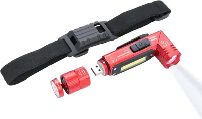A red flashlight with a detachable USB component and a black headband are displayed on a white background.