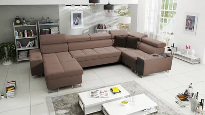 Produktbild von Polsterecke Wohnzimmer Couch Wohnlandschaft in U-Form MOREN IV MAXI Big Sofa Ecksofa Ottomane Links Eckcouch mit Schlaffunktion Braun Stoff SAWANA 25