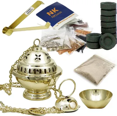 Produktbild von Weihrauchschwenker Gold 14tlg + Weihrauch, Harzen Räucherkohle Zange Räuchersand