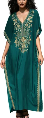 Productafbeelding van Geborduurde kaftan met bloemmotief voor dames, boheemse strandjurk en badjas-overgooier in groen