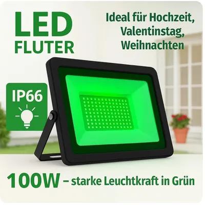 A green LED floodlight is shown in a promotional image with text overlays.