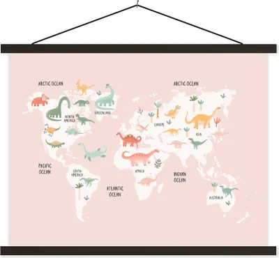 Produktbild von MuchoWow® Textilposter Weltkarte - Kinder - Dino 60x45 cm mit schwarzem Rahmen - Poster Schlafzimmer