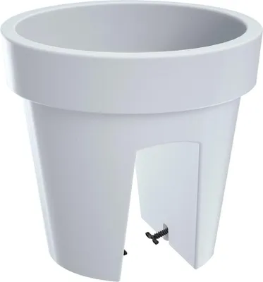 A white balcony planter pot with a screw mechanism for attachment.