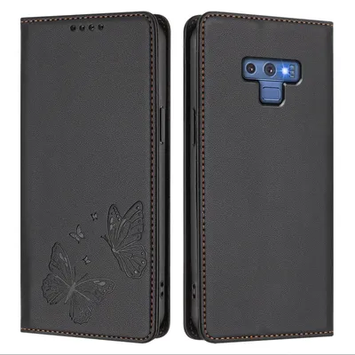 Image de Étui en cuir pour Samsung Galaxy Note 9, motif papillon en relief, étui portefeuille à rabat avec support, noir