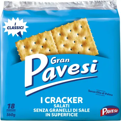 Produktbild von Gran Pavesi Cracker ohne Salzkörnchen in der Oberfläche, ohne Palmenöl - 18 Packungen (560 g)