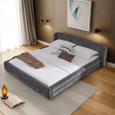 Obrázok produktu pre Manželská posteľ 140 × 200 cm, šenilová látka, pohodlné operadlo, robustný eukalyptový a železný rám, jednoduchá montáž, tmavosivá (bez matraca)