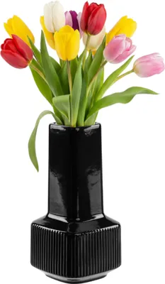 Produktbild von Vase Blumenvase aus Keramik mit Rillen Schwarz H 20 cm Glanz Dekorative Tisch Vase Vasen Blumen Deko Modern Glamour, dreidimensionales Muster, florale Inspirationen, lebendige Blumensträuße