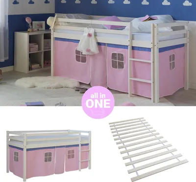 Produktbild von Homestyle4u Hochbett 90x200 mit Lattenrost Vorhang rosa Kinderbett Weiß Holz Kiefer Massiv Jugendbett