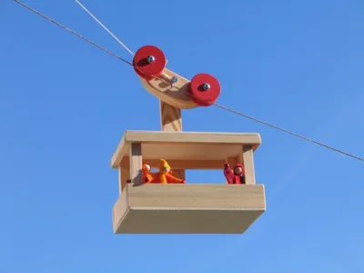 A wooden cable car model with small figures inside, suspended on a wire against a clear blue sky.
