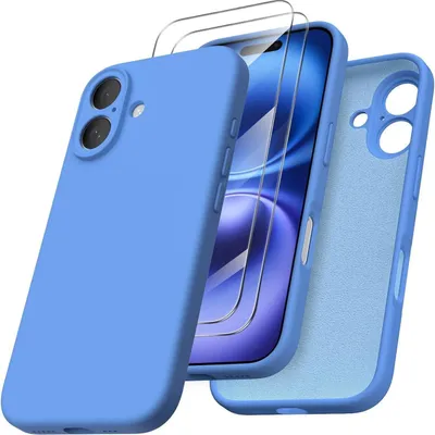Produktbild von iPhone 16 Hülle Silikon Schutz Kameraschutz 2 Schutzfolien 6.1 Zoll Blau
