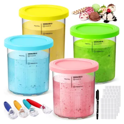 Four colorful ice cream containers with lids, along with ice cream scoops and a marker, are displayed on a white background. Ice cream scoops are shown in the background.