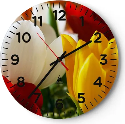 Produktbild von Wanduhr - Rund - Glasuhr - Tulpen Vase Blumenstrauß - 30x30cm - Schleichendes Uhrwerk - Lautlos - zum Aufhängen bereit - Dekoration Modern - Wanddekoration aus Glas - C4AR30x30-1366