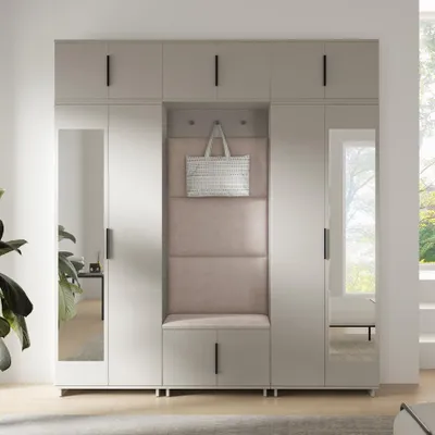 Produktbild von Garderoben-Set Napoli Version 2:Kleiderschrank mit Polsterpaneelen, Schuhschrank, Hängeschrank für Flur und Eingangsbereich (Cashmere/Trinity 02)