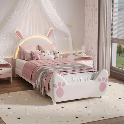Produktbild von REMZETTA Kinderbett 90 x 200 cm mit Hasenmotiv und LED-Beleuchtung, gepolstertes Bettgestell für Kinderzimmer, verspieltes Design für Schlaf- und Gästezimmer