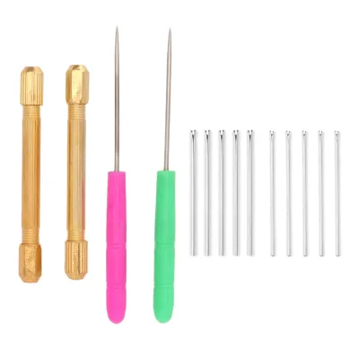 A set of tools for rooting doll hair, including two brass handles, two colored handles with needles, and ten replacement needles.