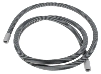 A gray corrugated drain hose with white connectors on a white background.