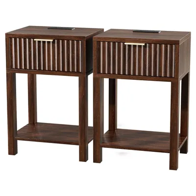 Produktbild von ALIGHTUP Nachttisch 2er Set mit Ladestation,  LED-Beleuchtung, 1 Schublade und 1 offenen Fach, 40x30x60cm, Nussholzfarbe
