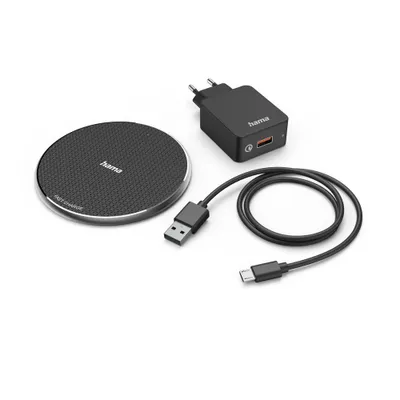 A wireless charger set including a charging pad, a power adapter, and a USB-C cable, arranged on a white background.