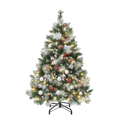 Produktbild von 140cm Künstlicher Weihnachtsbaum mit Lichterkette und Ständer, Kiferbaum Dekobaum mit Zapfen & Nadeln, inkl. Fernbedienung