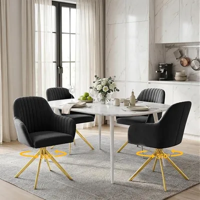 Imagen del producto de Juego de 4 sillas de comedor giratorias de 360°, con reposabrazos, en color y dorado